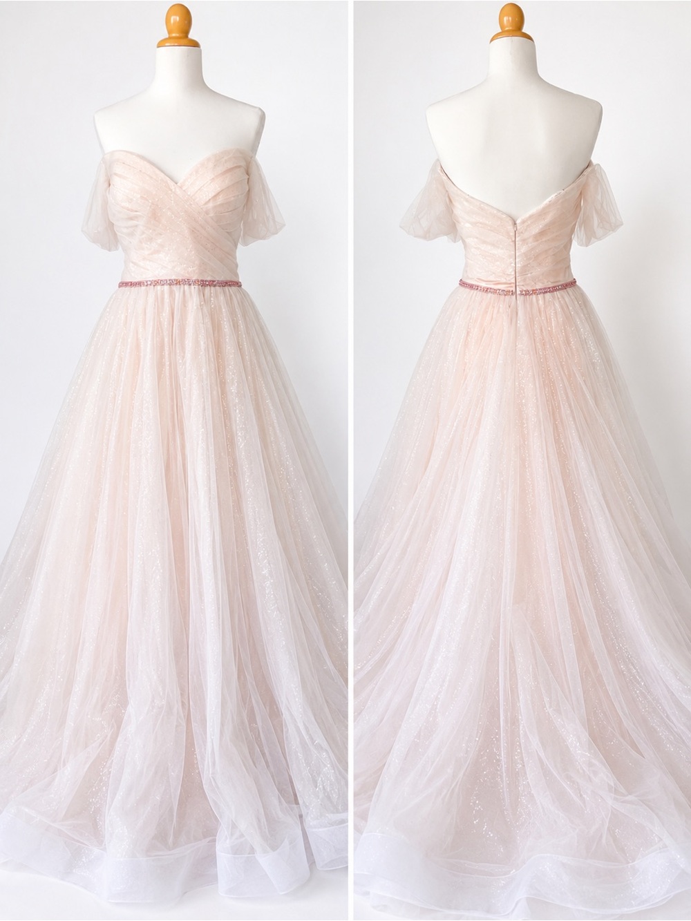 Angela & Alison Blush Pink Off-the-Shoulder Tulle Wedding Dress